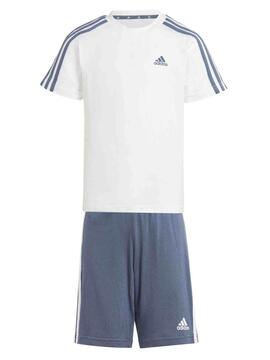 Conjunto corto Adidas 3S Blanco/Azul Jr